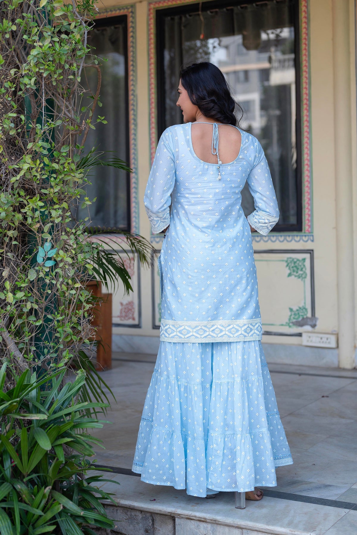 Juniper Sky Blue Cotton Mughal Printed Kurta with Gharara, Organza Dupatta, Mirror Work & Puff Print | Grocsy