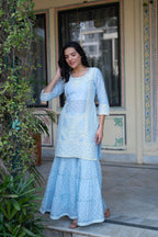 Juniper Sky Blue Cotton Mughal Printed Kurta with Gharara, Organza Dupatta, Mirror Work & Puff Print | Grocsy