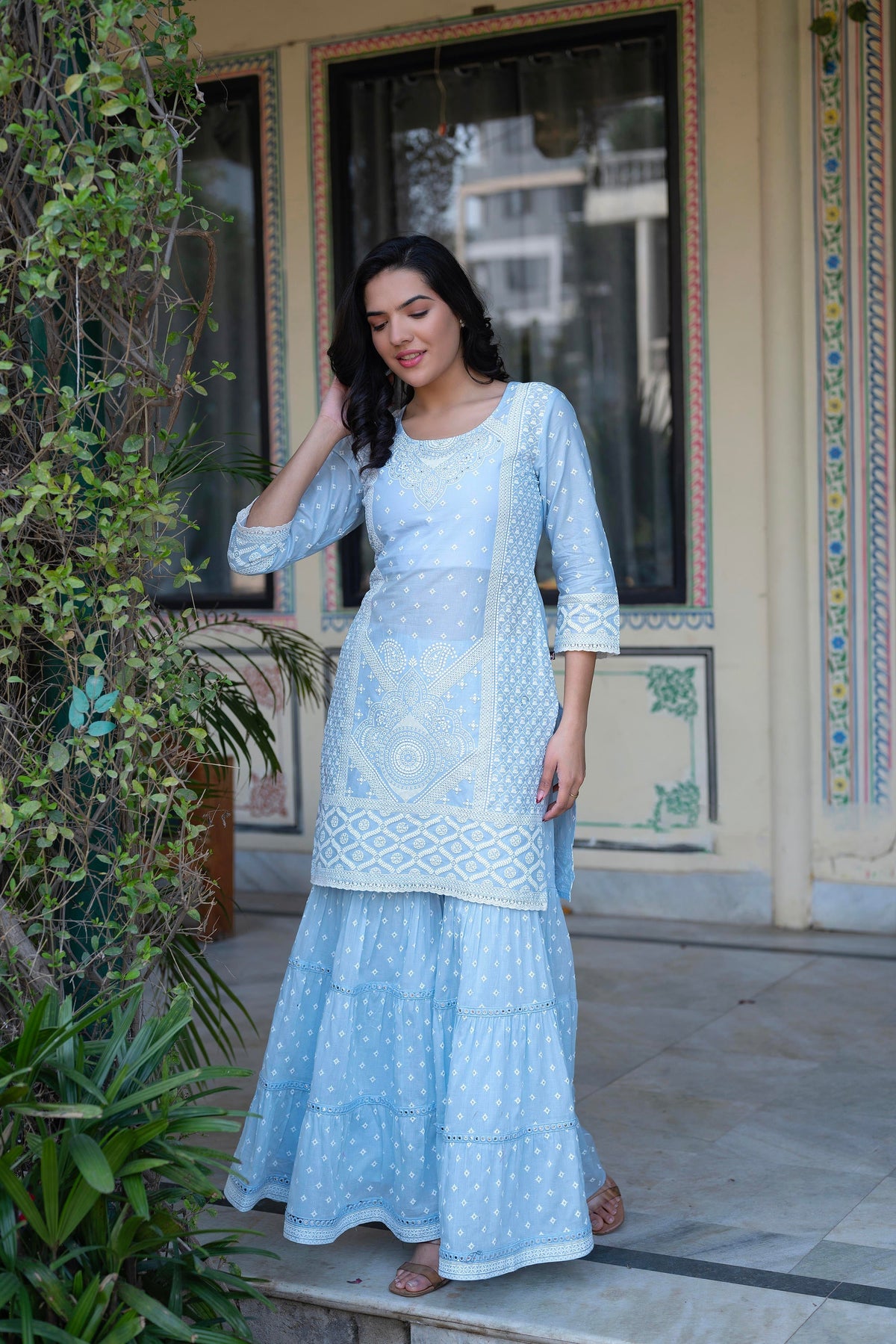 Juniper Sky Blue Cotton Mughal Printed Kurta With Gharara, Organza Dupatta, Mirror Work & Puff Print | Grocsy