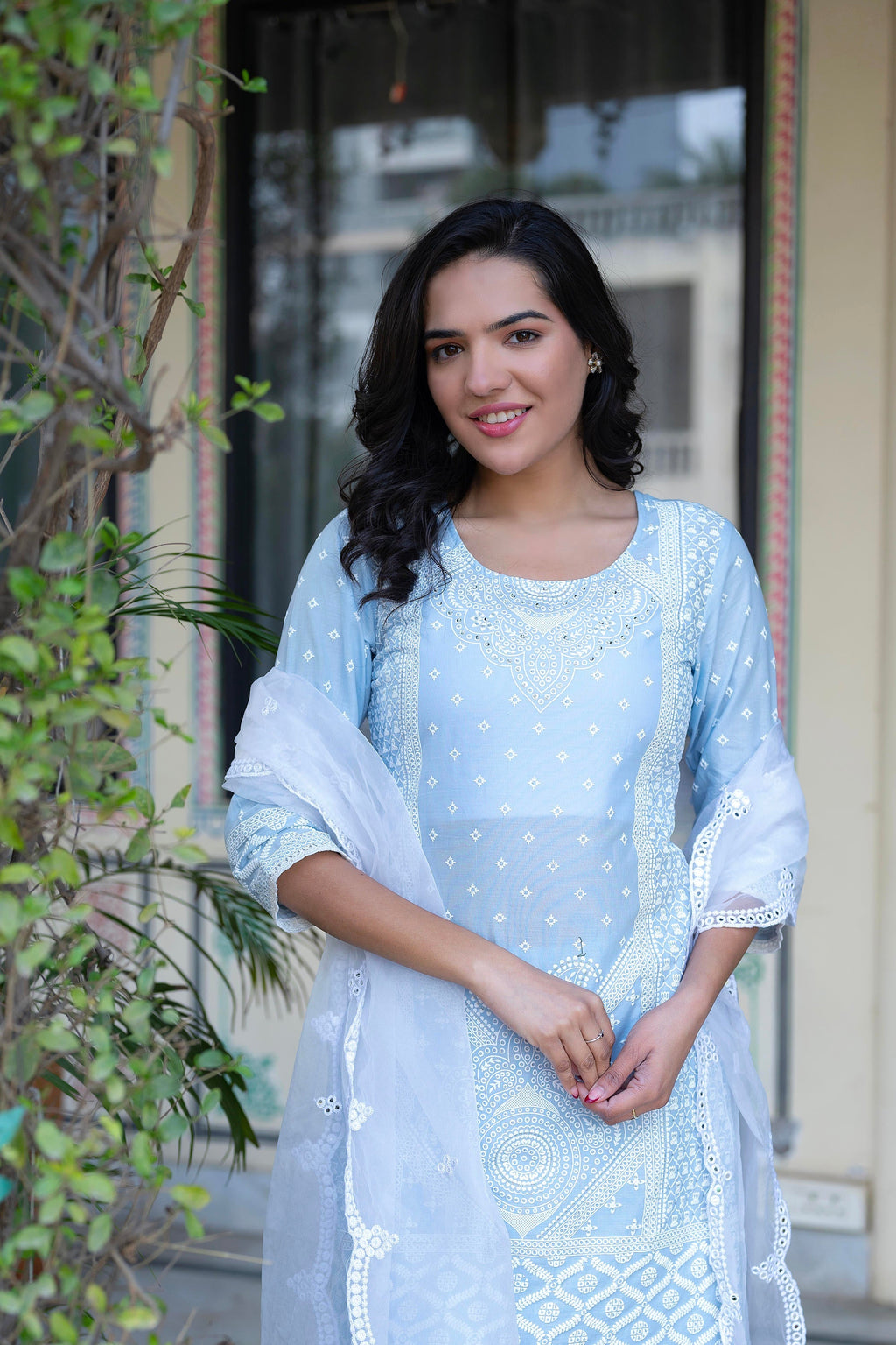 Juniper Sky Blue Cotton Mughal Printed Kurta with Gharara, Organza Dupatta, Mirror Work & Puff Print | Grocsy