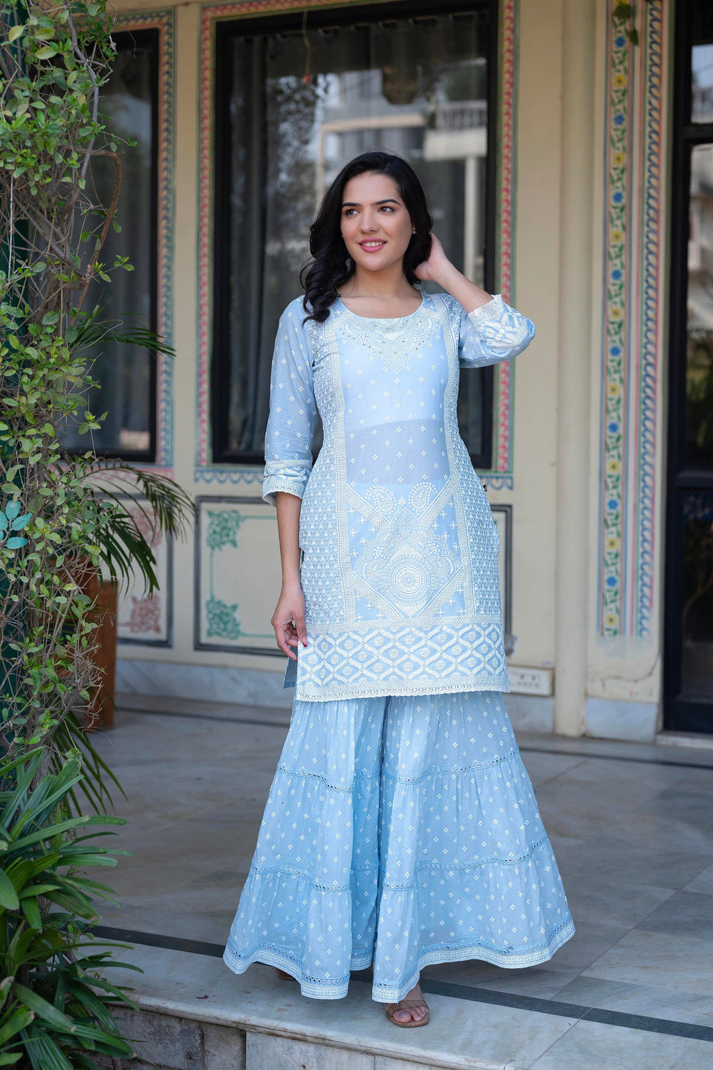 Juniper Sky Blue Cotton Mughal Printed Kurta with Gharara, Organza Dupatta, Mirror Work & Puff Print | Grocsy