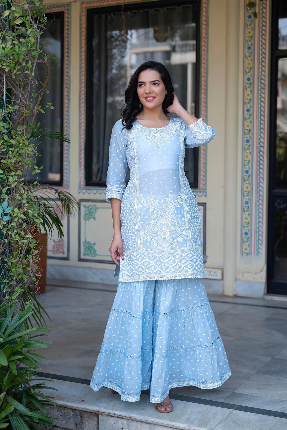 Juniper Sky Blue Cotton Mughal Printed Kurta with Gharara, Organza Dupatta, Mirror Work & Puff Print | Grocsy