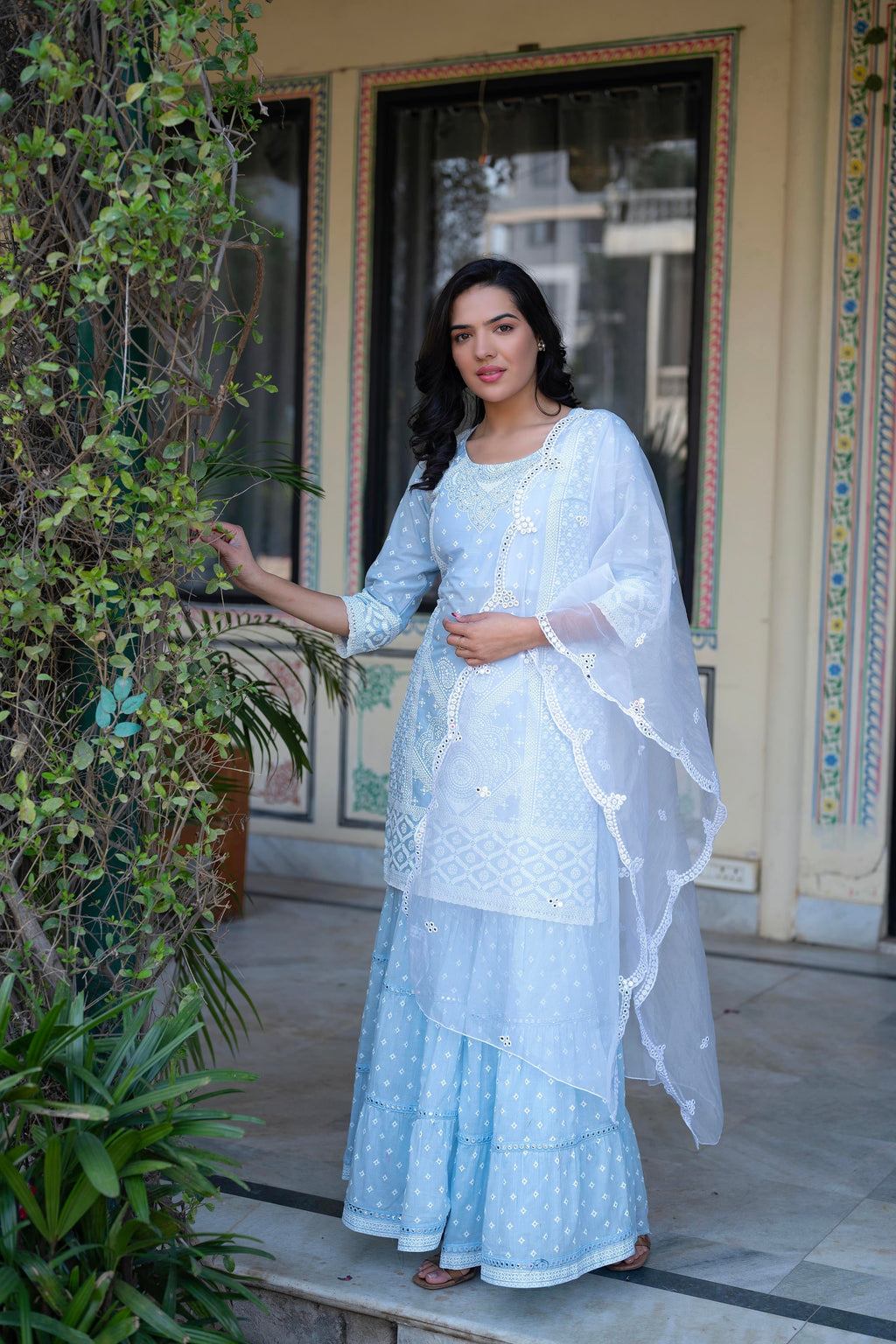 Juniper Sky Blue Cotton Mughal Printed Kurta with Gharara, Organza Dupatta, Mirror Work & Puff Print | Grocsy