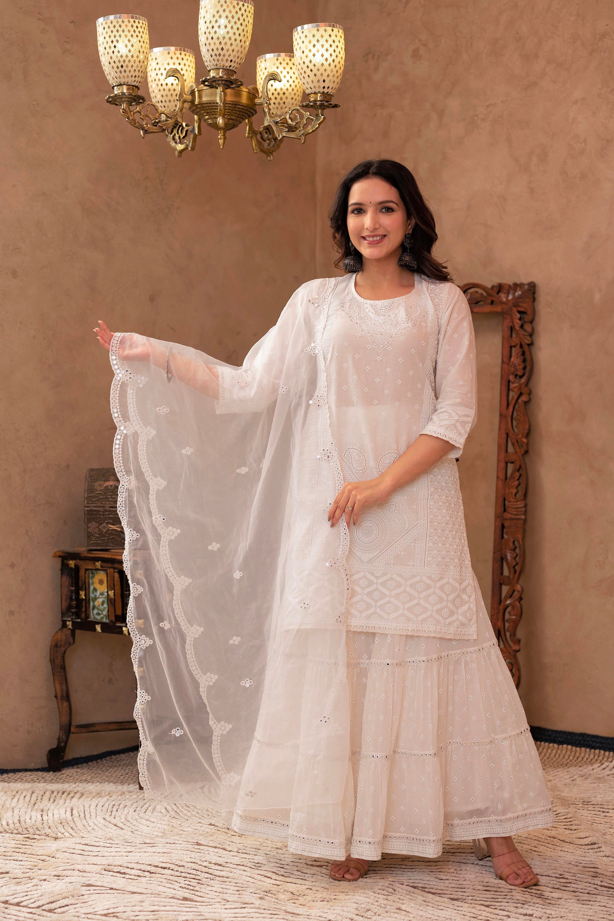 Juniper White Cotton Mughal Printed Kurta with Gharara, Organza Dupatta, Mirror Work & Puff Print | Grocsy