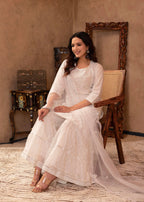 Juniper White Cotton Mughal Printed Kurta with Gharara, Organza Dupatta, Mirror Work & Puff Print | Grocsy