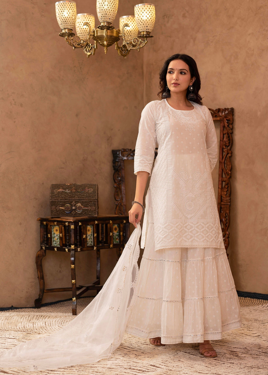 Juniper White Cotton Mughal Printed Kurta with Gharara, Organza Dupatta, Mirror Work & Puff Print | Grocsy