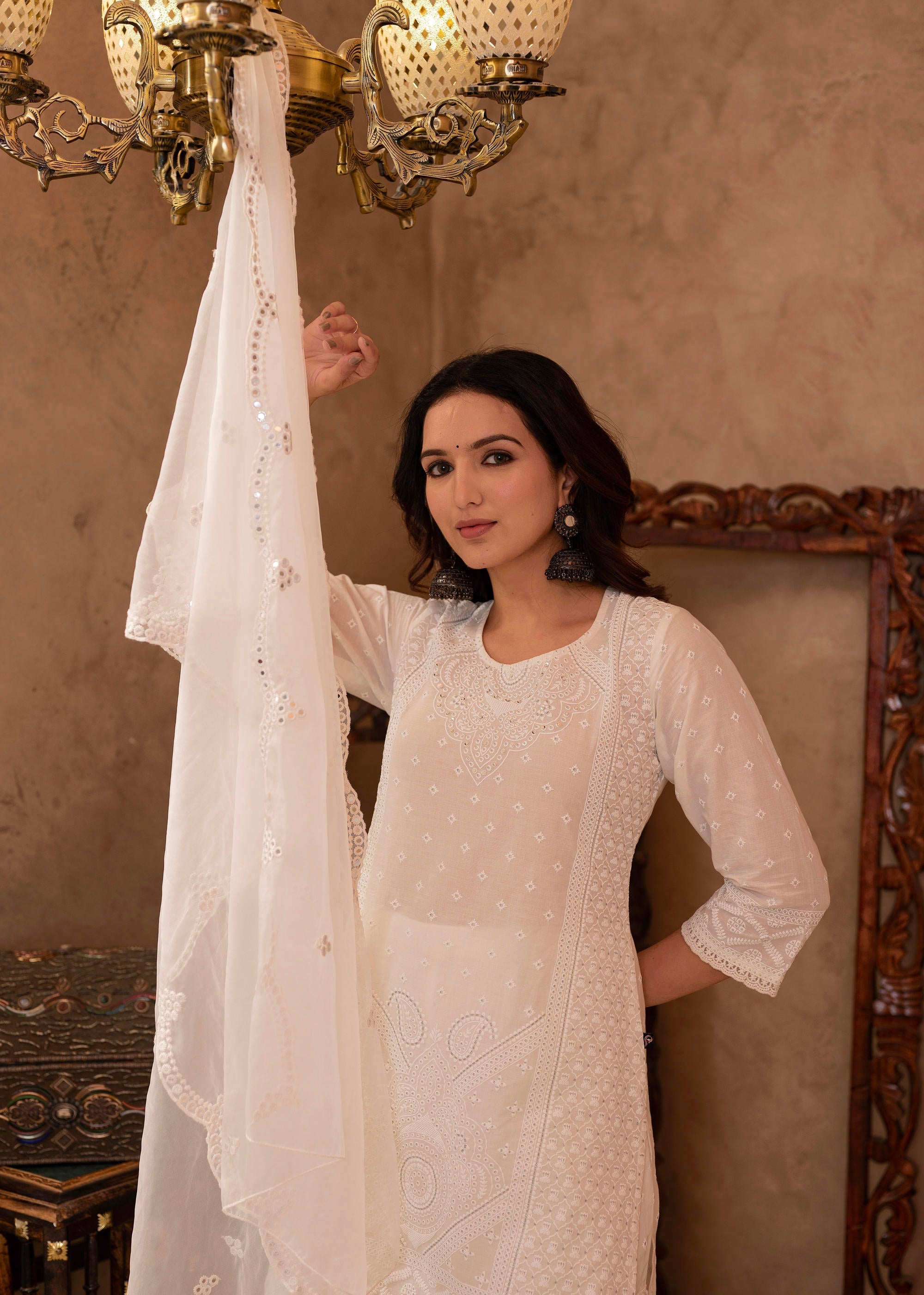 Juniper White Cotton Mughal Printed Kurta With Gharara, Organza Dupatta, Mirror Work & Puff Print | Grocsy