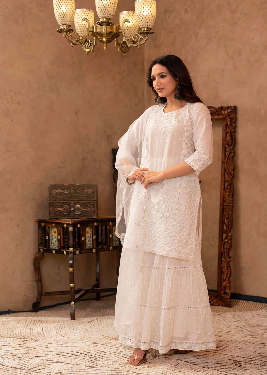 Juniper White Cotton Mughal Printed Kurta with Gharara, Organza Dupatta, Mirror Work & Puff Print | Grocsy