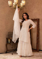 Juniper White Cotton Mughal Printed Kurta with Gharara, Organza Dupatta, Mirror Work & Puff Print | Grocsy