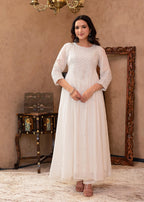 Juniper White Viscose Flared Mirror Embroidered Kurta with Cotton Lining & Button Details | Grocsy