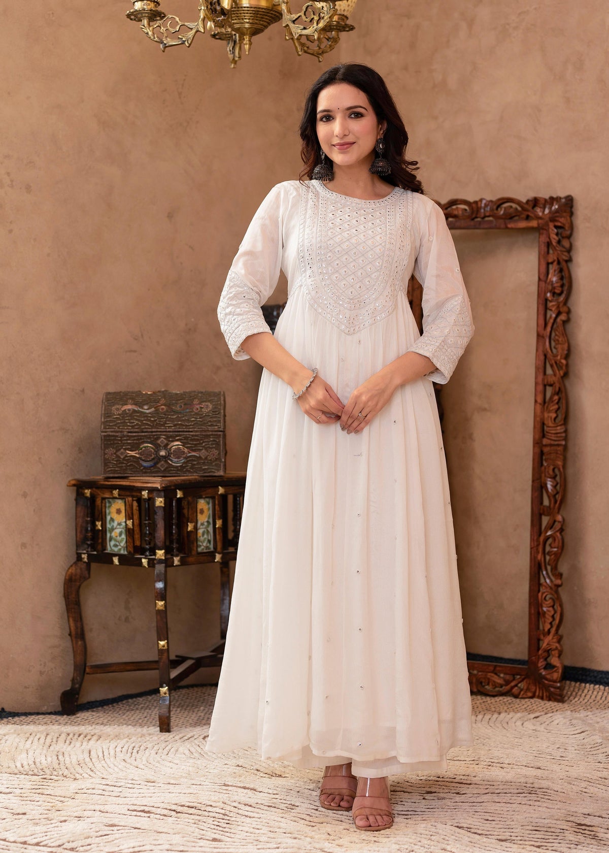 Juniper White Viscose Flared Mirror Embroidered Kurta with Cotton Lining & Button Details | Grocsy