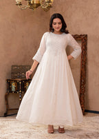 Juniper White Viscose Flared Mirror Embroidered Kurta with Cotton Lining & Button Details | Grocsy