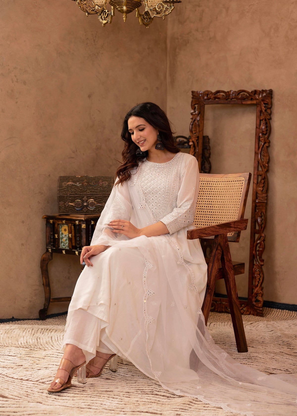 Juniper White Viscose Flared Mirror Embroidered Kurta With Cotton Lining & Button Details | Grocsy