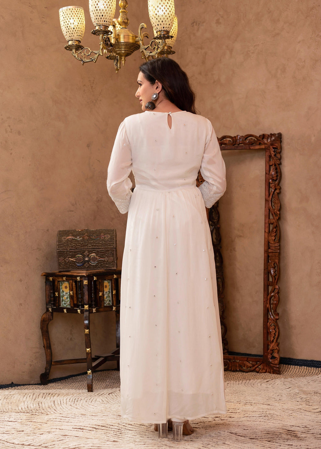 Juniper White Viscose Flared Mirror Embroidered Kurta with Cotton Lining & Button Details | Grocsy