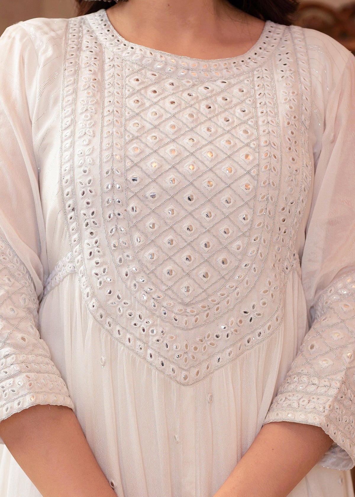 Juniper White Viscose Flared Mirror Embroidered Kurta with Cotton Lining & Button Details | Grocsy