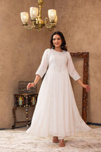 Juniper White Viscose Flared Mirror Embroidered Kurta with Cotton Lining & Button Details | Grocsy