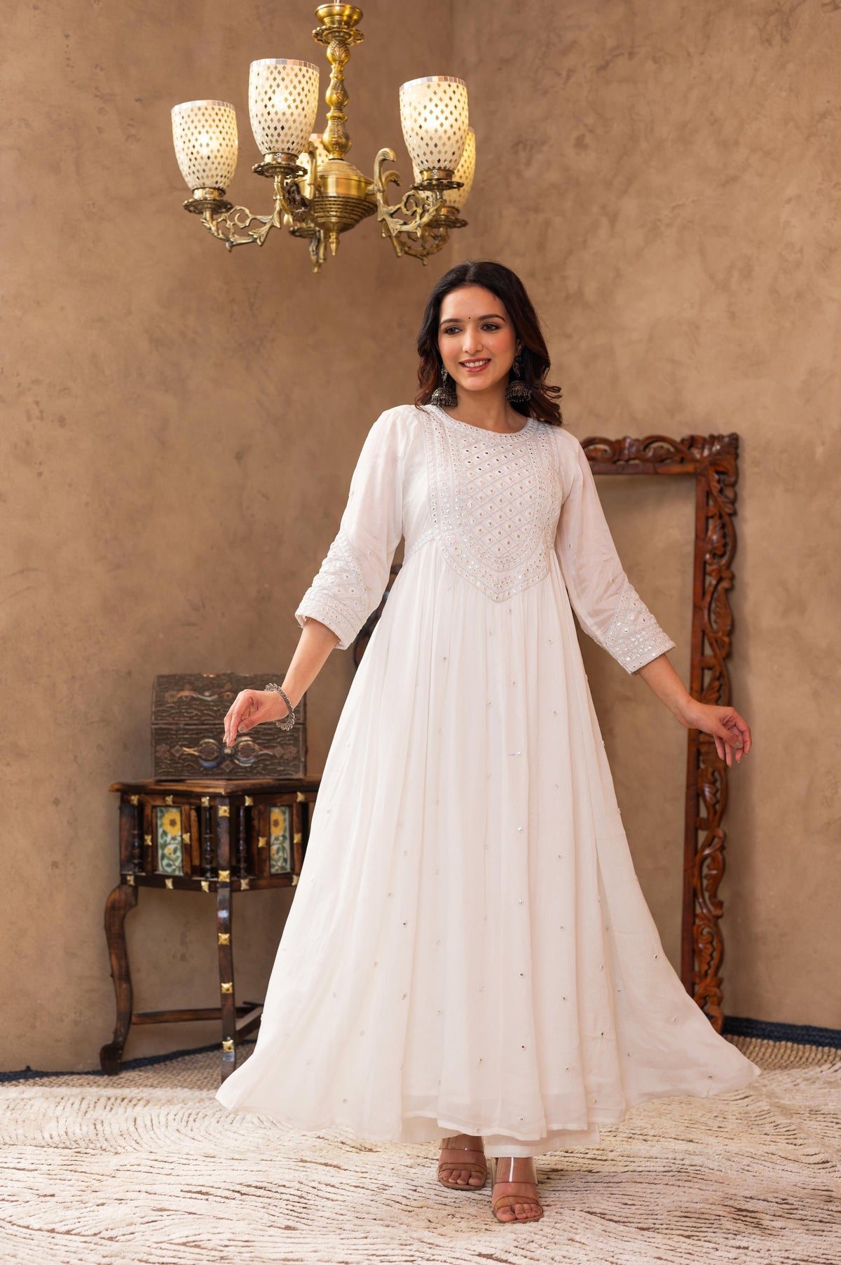 Juniper White Viscose Flared Mirror Embroidered Kurta with Cotton Lining & Button Details | Grocsy
