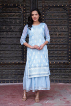 Juniper Sky Blue Chanderi Floral Mirror Embroidered Dress with Gota Lace & Glitter Work | Grocsy
