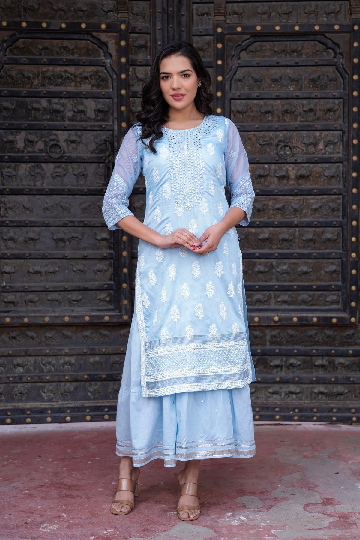 Juniper Sky Blue Chanderi Floral Mirror Embroidered Dress with Gota Lace & Glitter Work | Grocsy