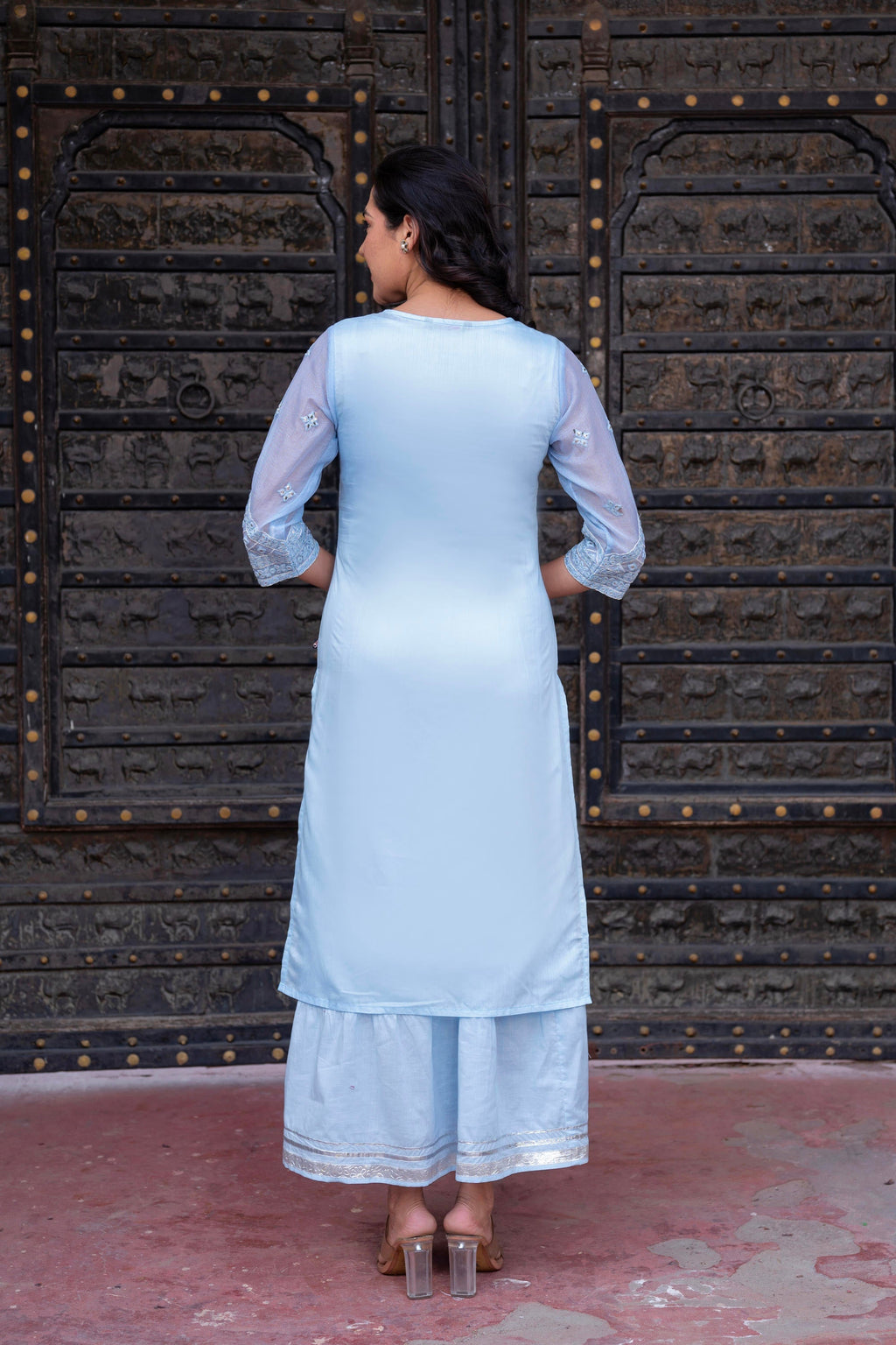 Juniper Sky Blue Chanderi Floral Mirror Embroidered Dress with Gota Lace & Glitter Work | Grocsy