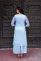 Juniper Sky Blue Chanderi Floral Mirror Embroidered Dress with Gota Lace & Glitter Work | Grocsy