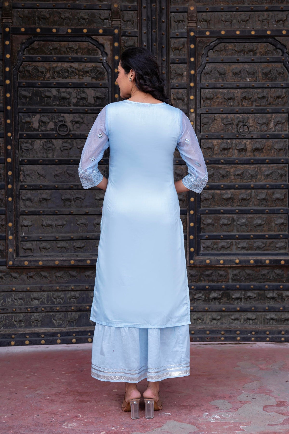 Juniper Sky Blue Chanderi Floral Mirror Embroidered Dress with Gota Lace & Glitter Work | Grocsy