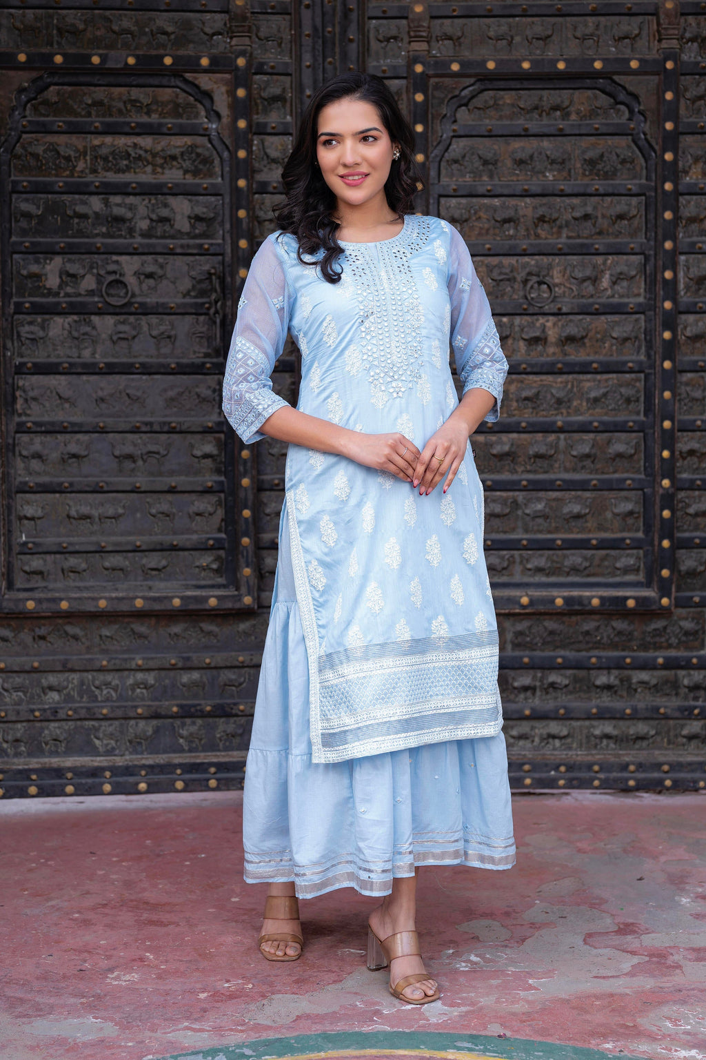 Juniper Sky Blue Chanderi Floral Mirror Embroidered Dress with Gota Lace & Glitter Work | Grocsy