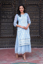 Juniper Sky Blue Chanderi Floral Mirror Embroidered Dress with Gota Lace & Glitter Work | Grocsy
