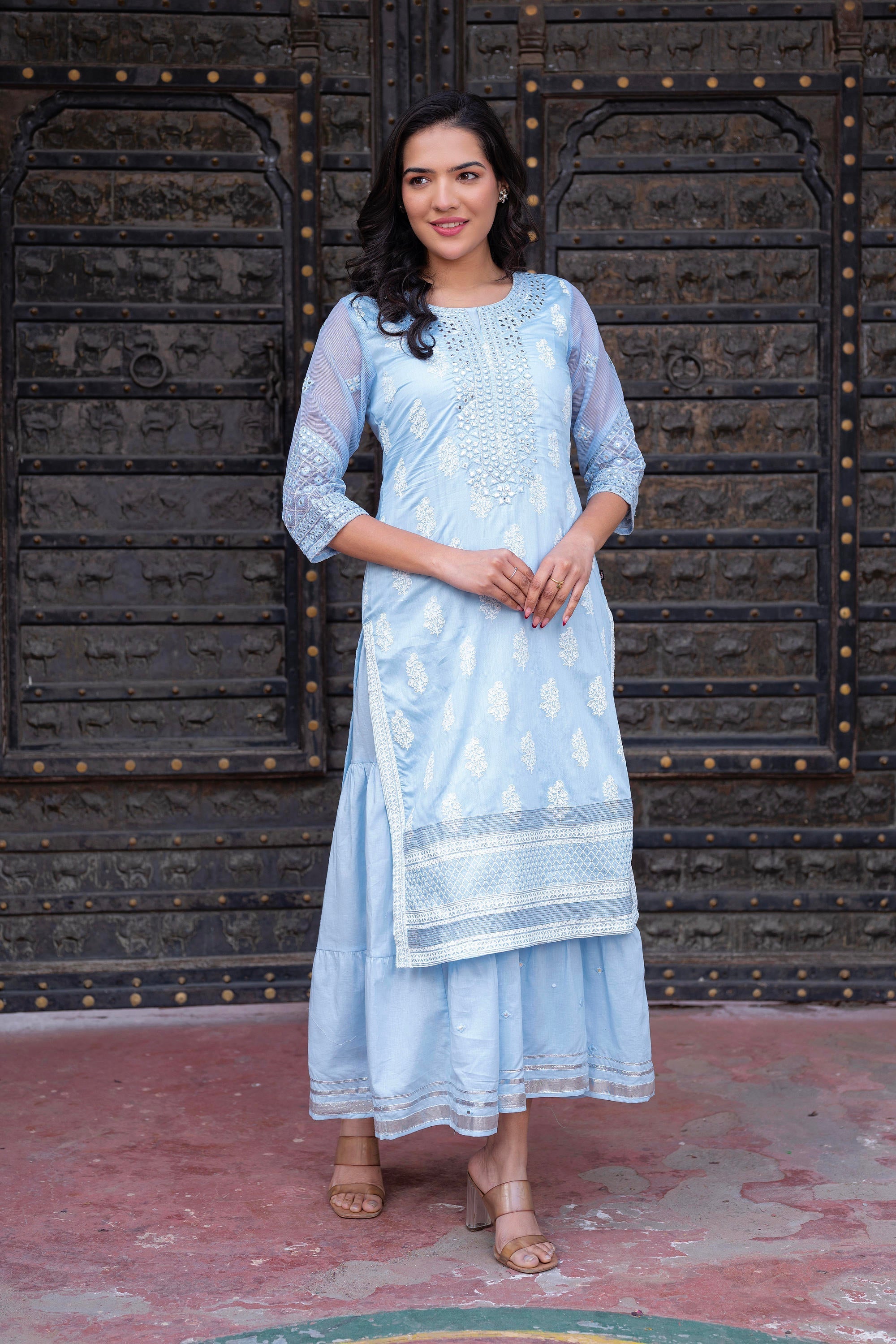 Juniper Sky Blue Chanderi Floral Mirror Embroidered Dress with Gota Lace & Glitter Work | Grocsy