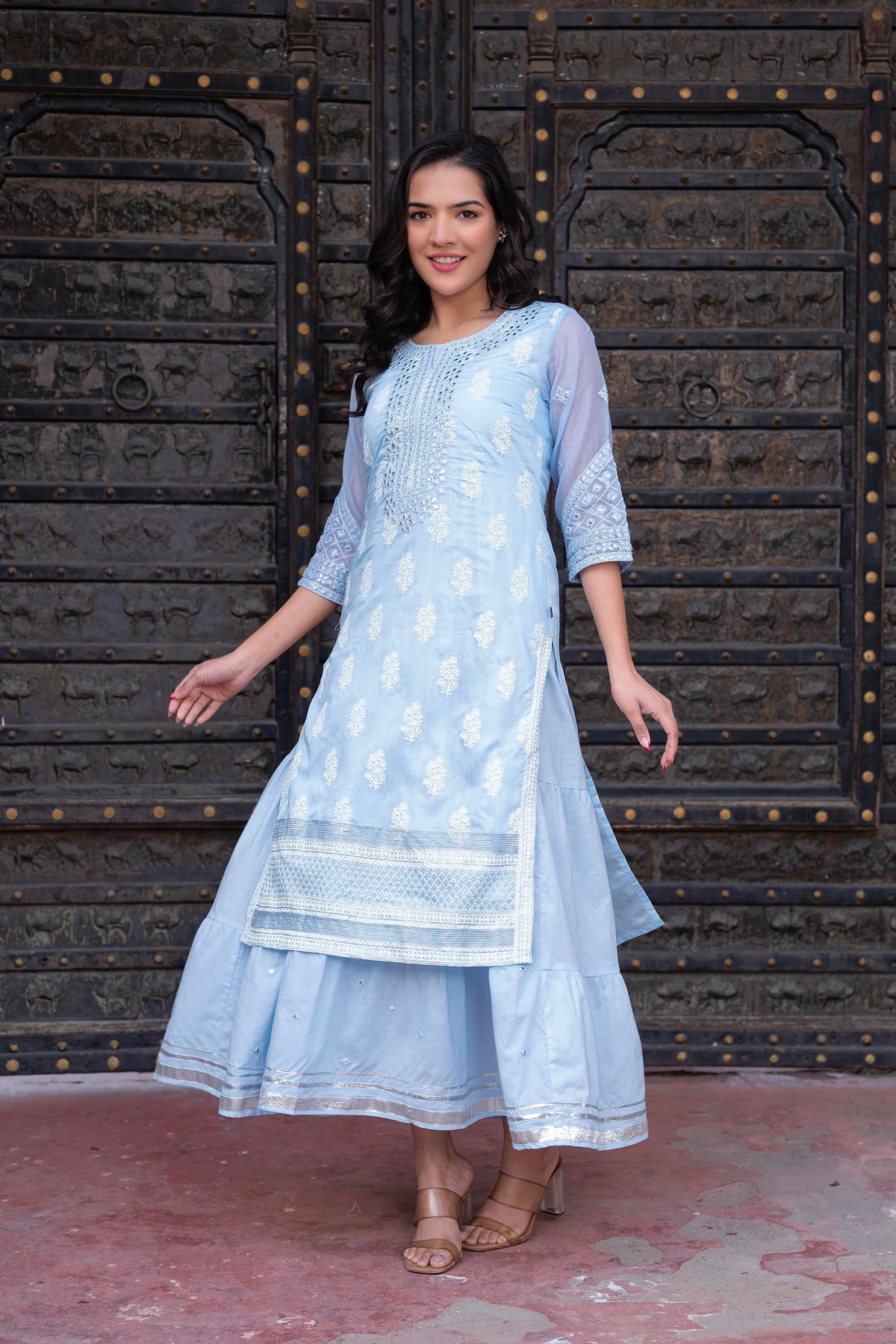 Juniper Sky Blue Chanderi Floral Mirror Embroidered Dress with Gota Lace & Glitter Work | Grocsy