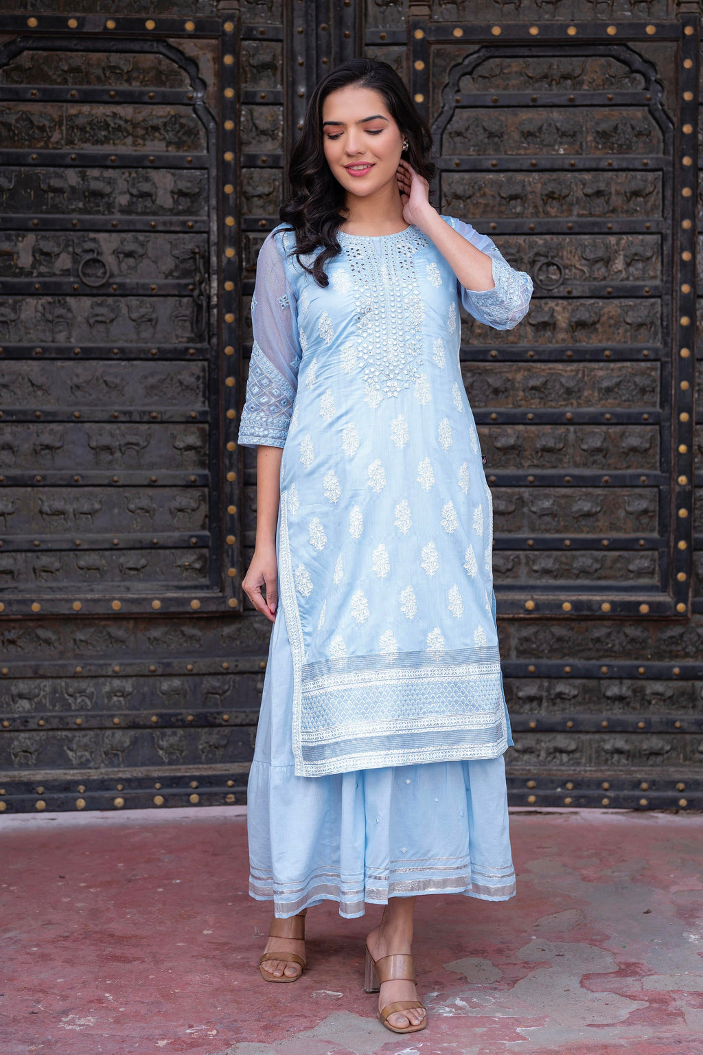 Juniper Sky Blue Chanderi Floral Mirror Embroidered Dress with Gota Lace & Glitter Work | Grocsy