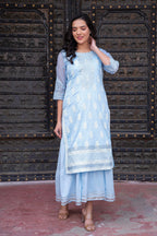 Juniper Sky Blue Chanderi Floral Mirror Embroidered Dress with Gota Lace & Glitter Work | Grocsy