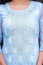 Juniper Sky Blue Chanderi Floral Mirror Embroidered Dress with Gota Lace & Glitter Work | Grocsy