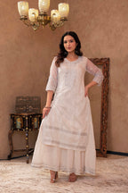 Juniper White Chanderi Mirror Embroidered Kurta with Gota Lace & Glitter Work | Grocsy