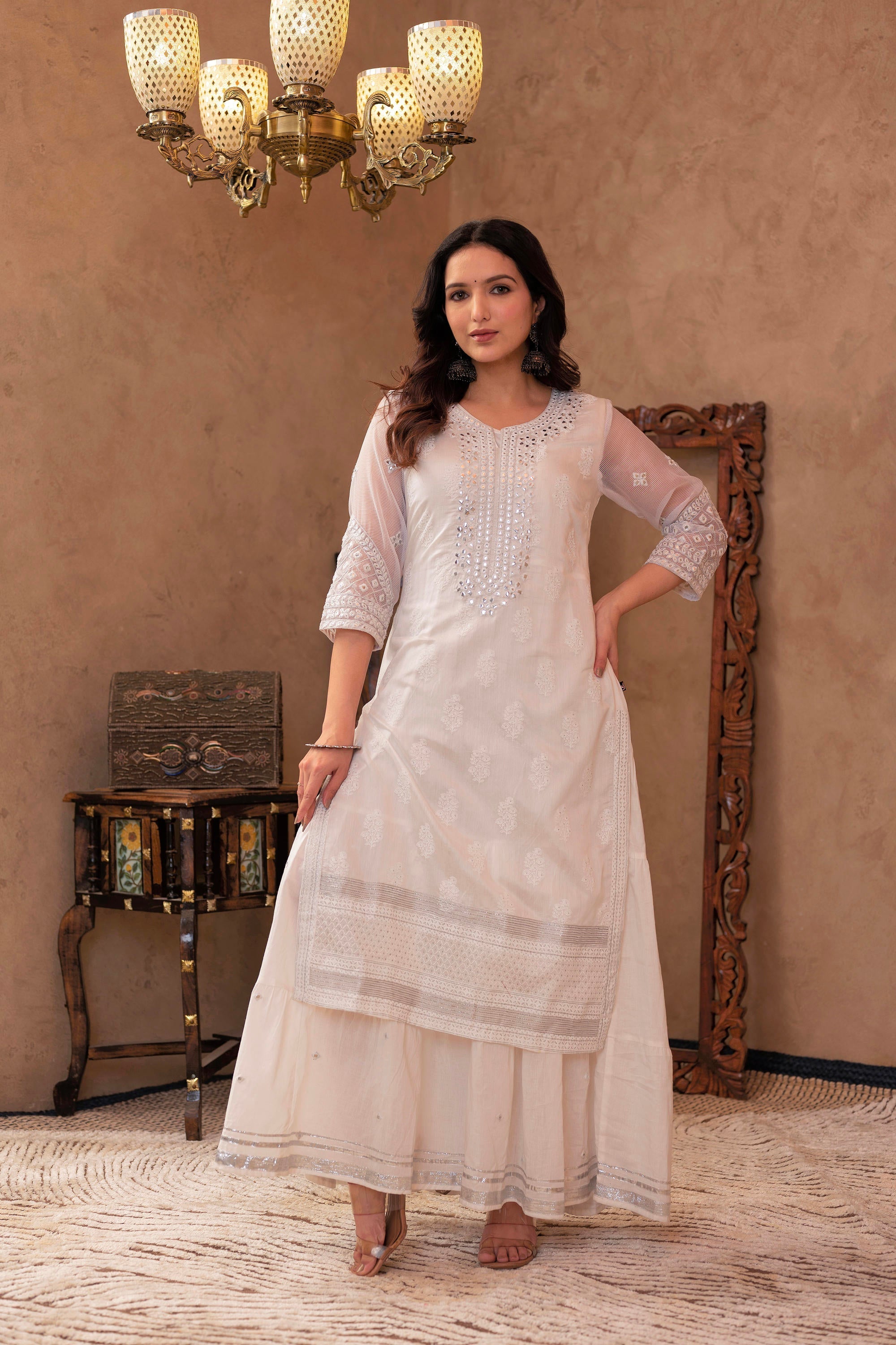 Juniper White Chanderi Mirror Embroidered Kurta with Gota Lace & Glitter Work | Grocsy