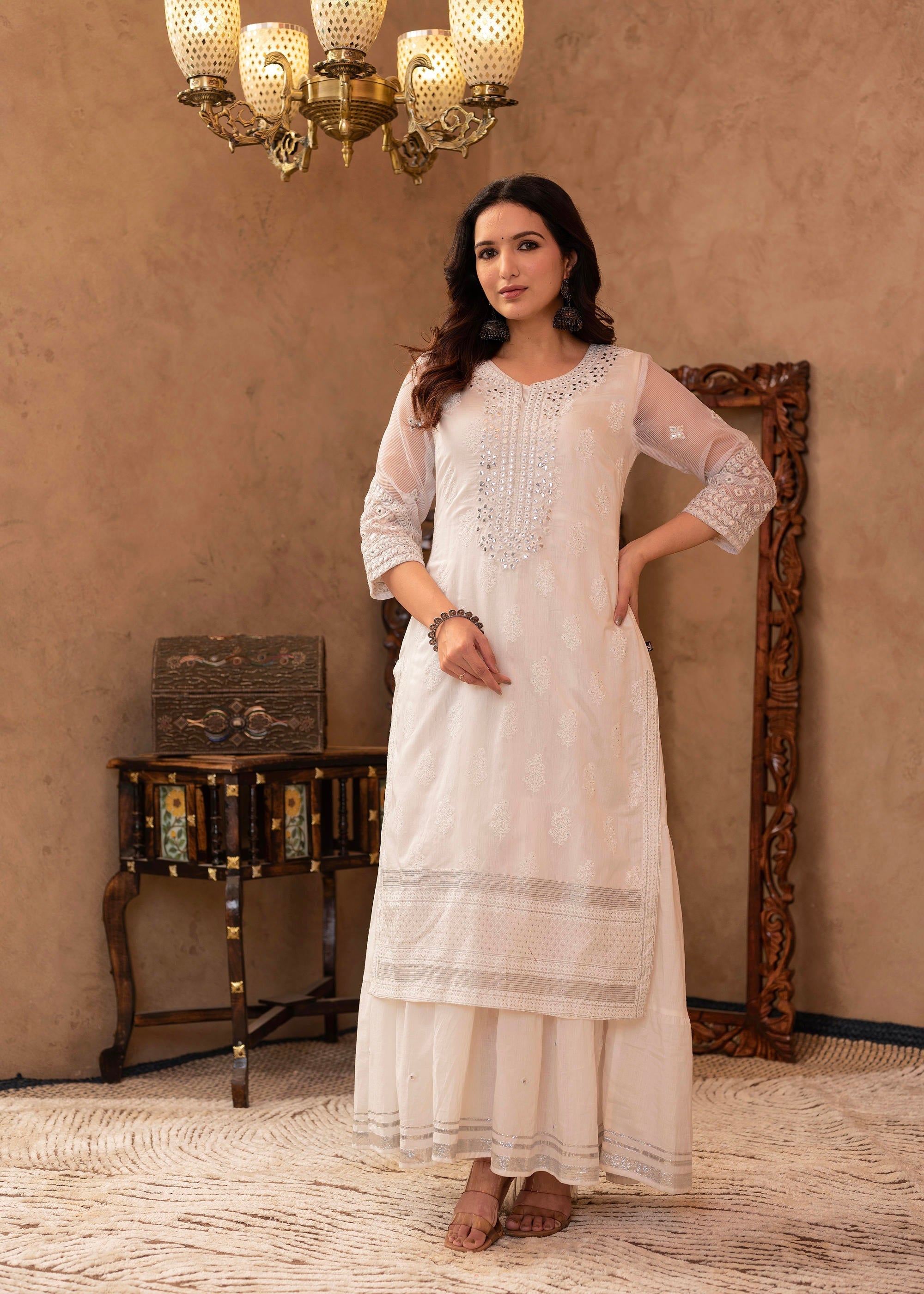 Juniper White Chanderi Mirror Embroidered Kurta with Gota Lace & Glitter Work | Grocsy
