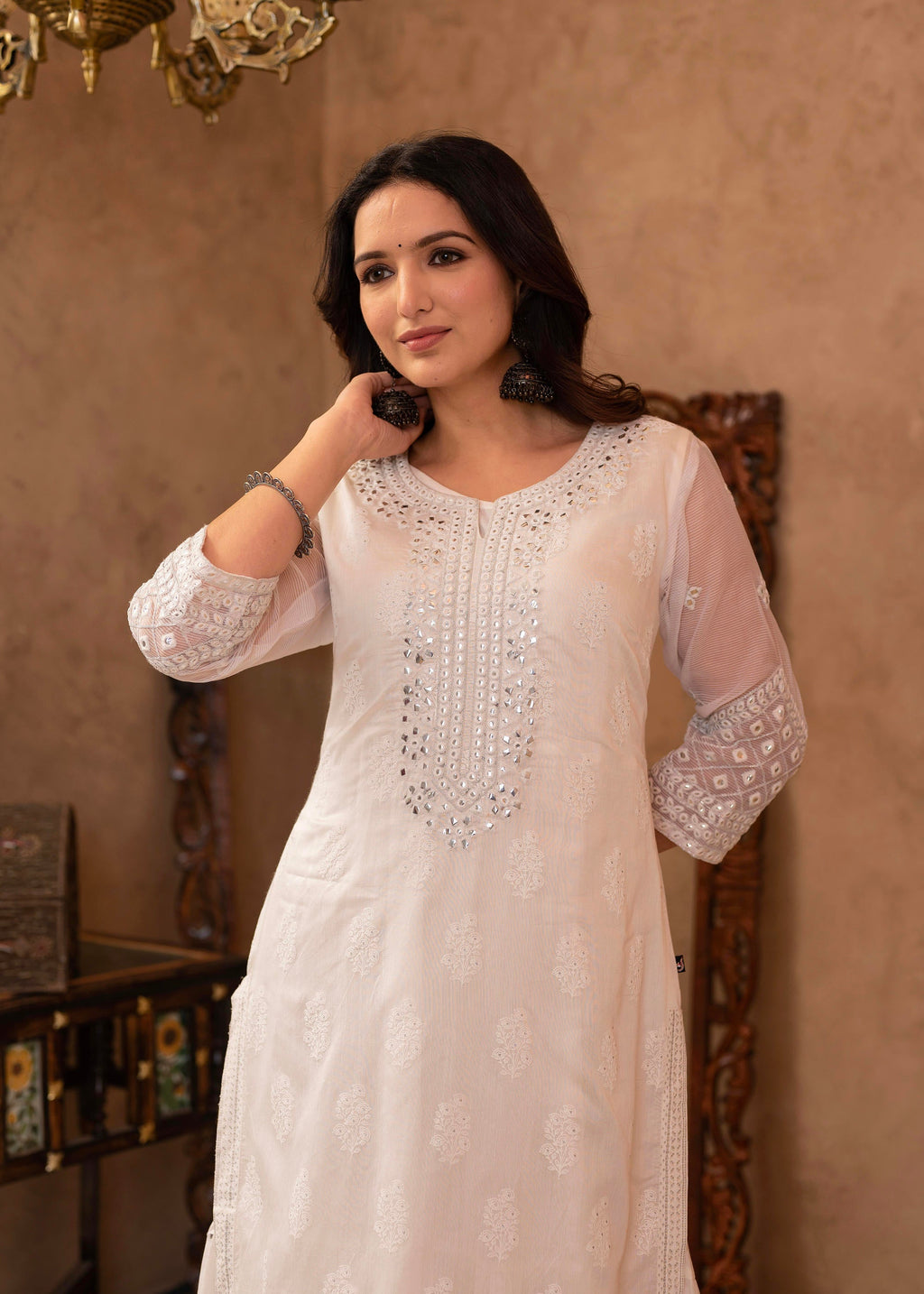Juniper White Chanderi Mirror Embroidered Kurta with Gota Lace & Glitter Work | Grocsy