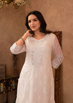 Juniper White Chanderi Mirror Embroidered Kurta with Gota Lace & Glitter Work | Grocsy