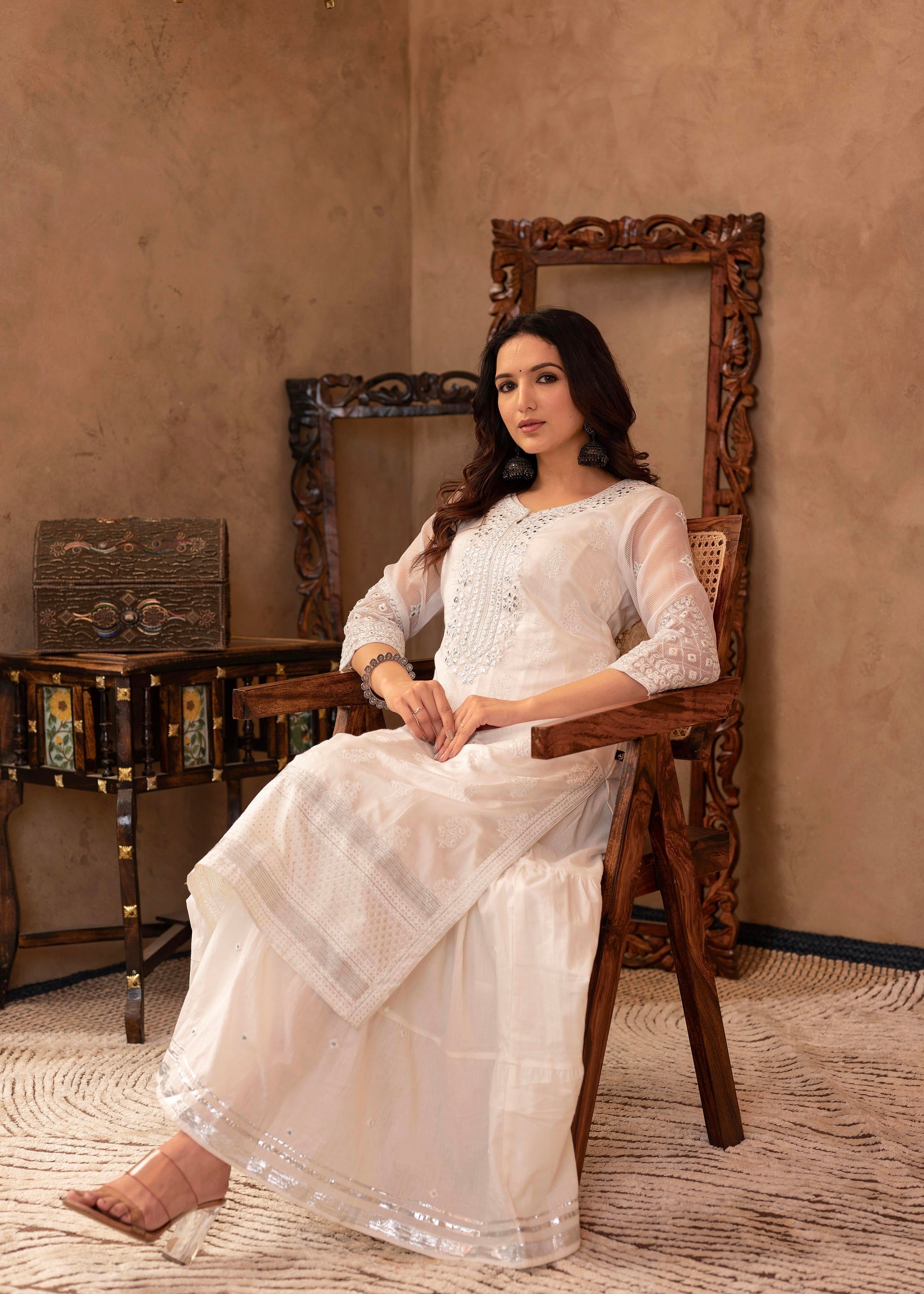 Juniper White Chanderi Mirror Embroidered Kurta with Gota Lace & Glitter Work | Grocsy