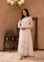 Juniper White Chanderi Mirror Embroidered Kurta with Gota Lace & Glitter Work | Grocsy