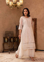 Juniper White Chanderi Mirror Embroidered Kurta with Gota Lace & Glitter Work | Grocsy