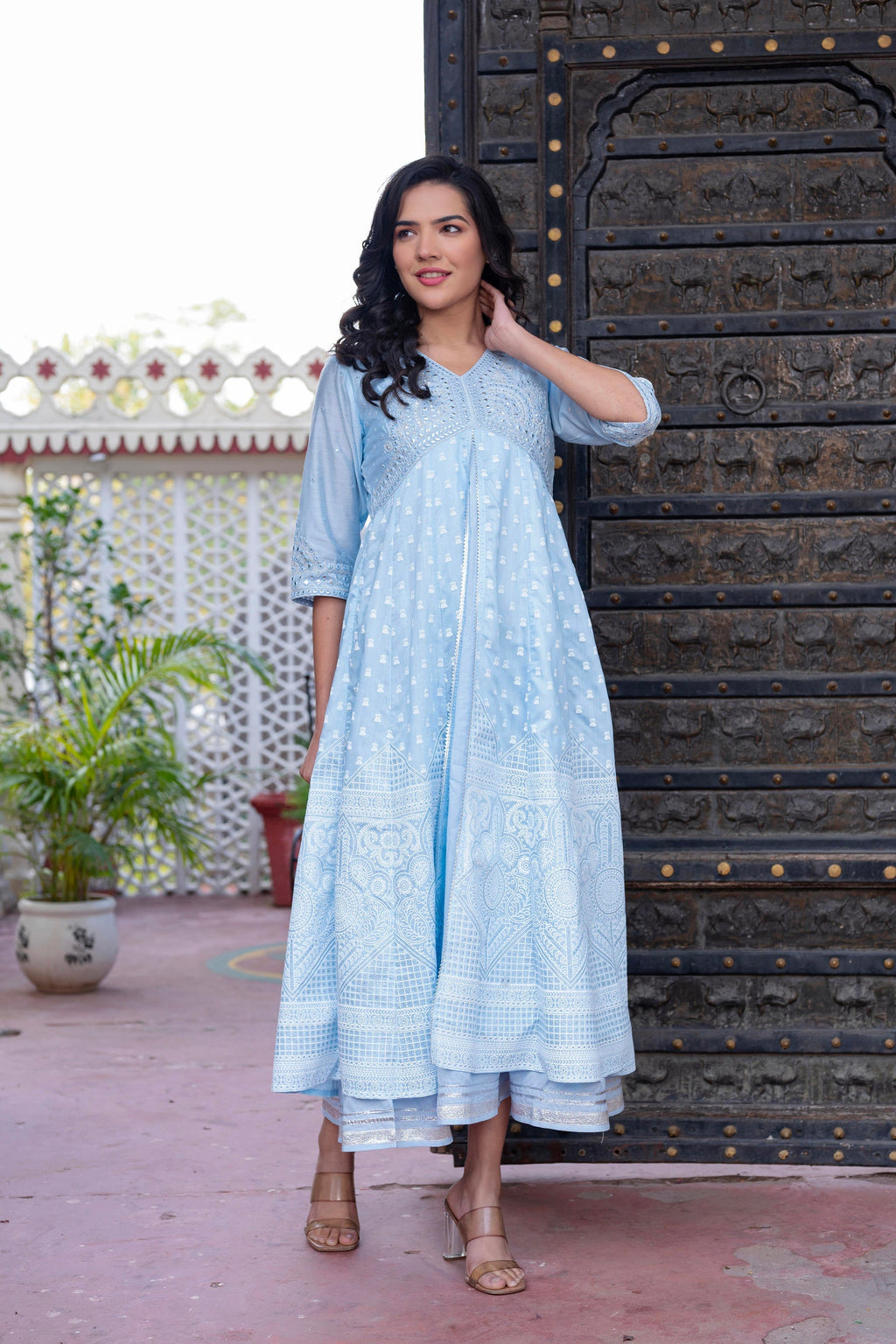 Juniper Sky Blue Chanderi Geometric Printed Mirror Embroidered Dress with Gota Lace & Glitter Work | Grocsy