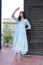 Juniper Sky Blue Chanderi Geometric Printed Mirror Embroidered Dress with Gota Lace & Glitter Work | Grocsy