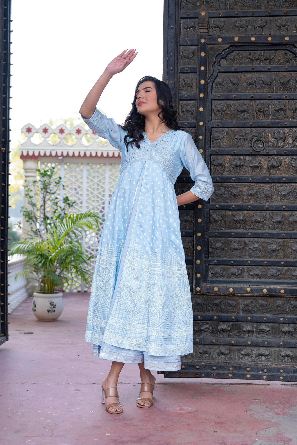 Juniper Sky Blue Chanderi Geometric Printed Mirror Embroidered Dress With Gota Lace & Glitter Work | Grocsy