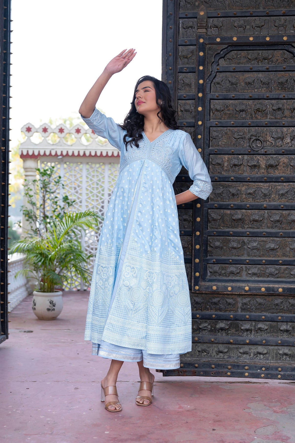 Juniper Sky Blue Chanderi Geometric Printed Mirror Embroidered Dress With Gota Lace & Glitter Work | Grocsy