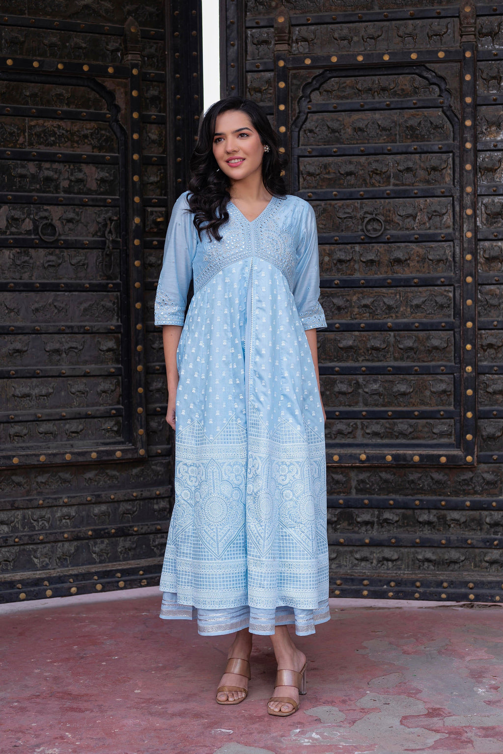 Juniper Sky Blue Chanderi Geometric Printed Mirror Embroidered Dress with Gota Lace & Glitter Work | Grocsy