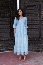 Juniper Sky Blue Chanderi Geometric Printed Mirror Embroidered Dress With Gota Lace & Glitter Work | Grocsy