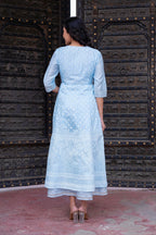 Juniper Sky Blue Chanderi Geometric Printed Mirror Embroidered Dress with Gota Lace & Glitter Work | Grocsy