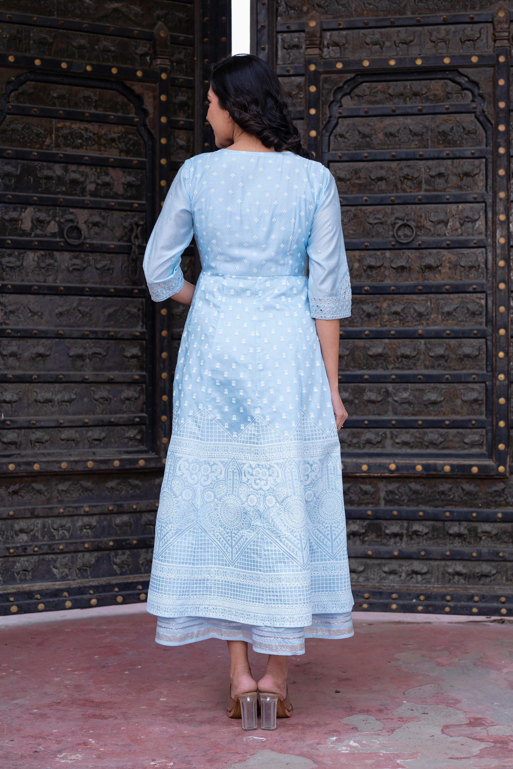 Juniper Sky Blue Chanderi Geometric Printed Mirror Embroidered Dress with Gota Lace & Glitter Work | Grocsy
