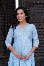 Juniper Sky Blue Chanderi Geometric Printed Mirror Embroidered Dress with Gota Lace & Glitter Work | Grocsy
